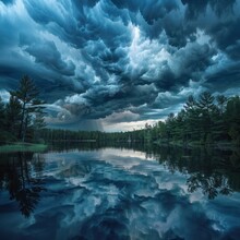 Intense Storm Clouds Gathering Over A Serene Lake The Calm Before The Storm Captured