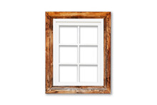 Wooden Window Frame Isolated On White. Empty Copy Space Rustic Cottage House. Single Object PVC Window Background. Vintage Cabin Construction. Countryside Architecture Texture. Window Frame Cutout.