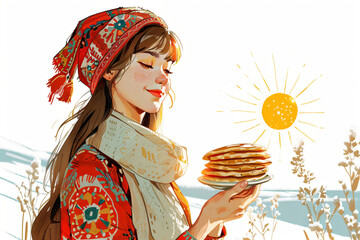 Wall Mural - Joyful girl with thin pancakes or bliny on a plate in her hands. National russian festival. Maslenitsa or Shrovetide Day. Spring is coming concept. Illustration for banner or greeting card