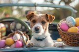 Fototapeta Tęcza - puppy driving a vintage Easter-themed convertible car, with Easter baskets overflowing with treats piled high in the backseat
