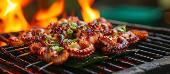 Wall Mural - A delicious seafood dish is being prepared over a grill with flames in the background. The arthropod being cooked is an octopus, a popular ingredient in many cuisines