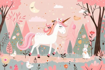 Wall Mural - majestic unicorn prancing through a mystical Easter forest, its horn adorned with ribbons and flowers, as Easter bunnies and chicks frolic nearby