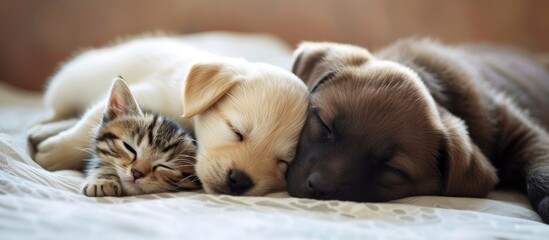 Canvas Print - Cute Cat and Dog Sleeping Together on Comfortable Bed in Cozy Home Environment