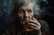 Portrait d'une vieille femme qui boit une tisane chaude » IA générative