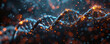Abstract DNA strand with glowing nodes against a dark bokeh background, symbolizing biotechnology and genetic research.