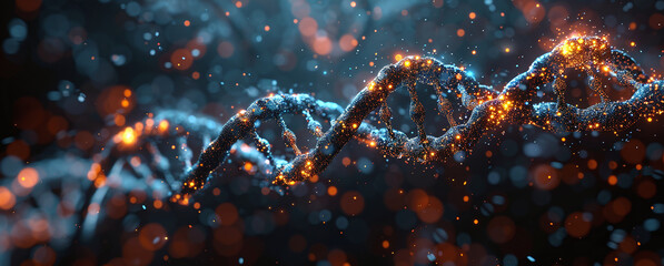 Wall Mural - Abstract DNA strand with glowing nodes against a dark bokeh background, symbolizing biotechnology and genetic research.