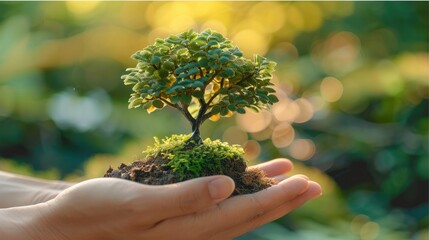 Leinwandbilder - Close-up hand hold tiny tree, green peace theme, nature blur background, natural light. Generative AI.