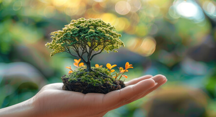 Leinwandbilder - Close-up hand hold tiny tree, green peace theme, nature blur background, natural light. Generative AI.