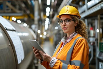 Female engineer using computer check and record data of machinery engineer professional having a discussion standing consult cnc machine in the factory woman work in modern factory