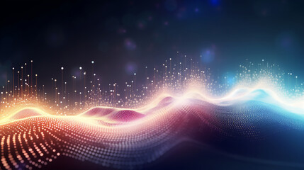 Abstract motion particle wallpaper technology background, futuristic science digital wave illustration in blue and dark concept. Flowing mesh network geometric shape art in dynamic. Ai Generative.