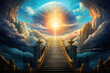 A staircase ascends towards a brilliant sky filled with floating keys, symbolizing a path to success.