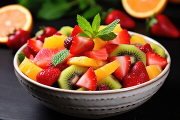 Wall Mural - Fresh Fruit Salad in a Healthy Diet Bowl. Delicious Mix of Vegetarian Fruits, Including Grapefruit