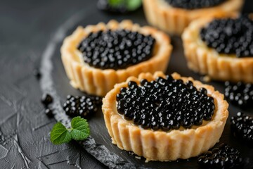 Sticker - Top view of black caviar tartlets on black background with selective focus