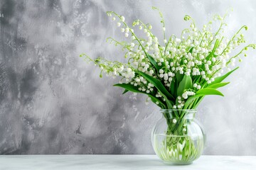 Poster - White Lily of the valley flowers in a glass vase on a white table with room for text