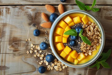 Poster - Wooden background with mango smoothie bowl topped with blueberries granola chia seeds and almonds