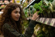 Young Woman Selecting Green Leafy Vegetables In Grocery Store Beautifully Captured In A Closeup Portrait