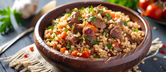 Poster - Delicious bowl of food with savory meat and fresh vegetables on rustic table