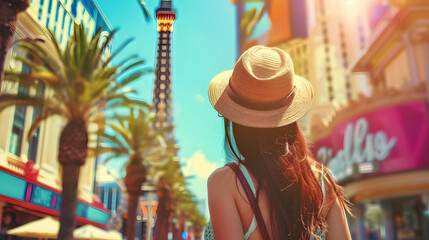 Wall Mural - Beautiful tourist young woman walking in Las Vegas city street in Nevada, USA, tourism travel holiday vacations concept in United States of America