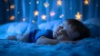 Side view of a beautiful and cute male toddler baby kid sleeping and resting at night in a dark room with blue and yellow glowing stars on the walls. Little newborn child sweet dreams, infant bedroom 