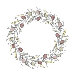 Wall Mural - Round wreath frame with olive branches and fruits, continuous line drawing. Hand drawn floral template, vector isolated illustration