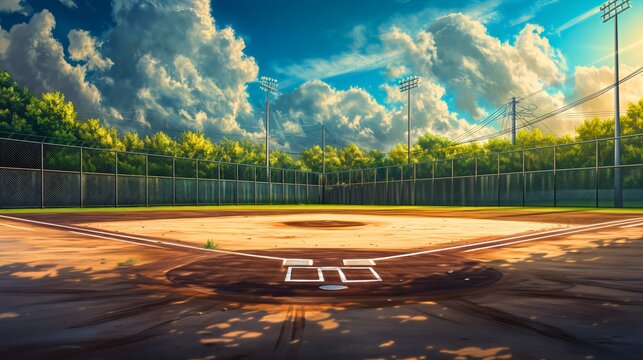 Empty baseball court, field or stadium on a sunny summer day outdoors artwork or painting. Competitive sport