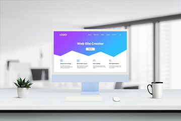 Leinwandbilder - Modern computer screen on desk showcases purple-blue Web Site Creator interface with responsive design icons, minimalist layout, fast loading, SEO optimization