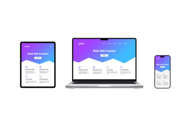 Leinwandbilder - Laptop, tablet, and phone displays feature responsive website creator interfaces, demonstrating adaptability across devices for seamless design experiences