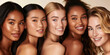 © carlesmiro - A diverse multiracial group of beautiful female fashion models with natural beauty and glowing smooth skin. Face shot of multiple women of all races. Generative AI.