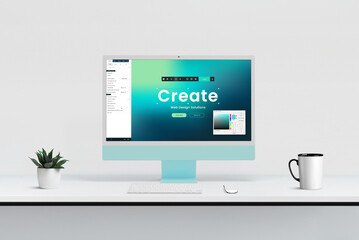 Leinwandbilder - Modern web design studio with computer display showcasing site creation editor, tools, and color picker for efficient and creative website development