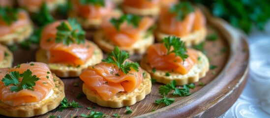 Canvas Print - Rustic wooden plate with an assortment of sliced smoked salmon delicacies for a gourmet seafood feast