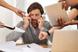 © Y.A./peopleimages.com - Businessman, paperwork and technology with hands, chaos and frustrated in workplace for multitasking. Male person, headache and overworked with digital tech, documents and stressed for deadline time