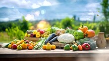 Sunny Vegan Feast: A Table Overflowing With Fresh Vegetables, Set Against The Backdrop Of Sunlit Mountains. Fantasy Background, Seamless Looping 4K Footage Animation