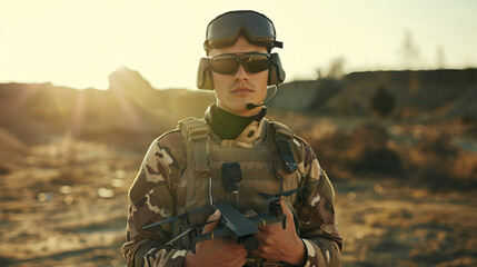 Wall Mural - Close-up natural candid shot of drone pilot soldier outdoors, isolated shot