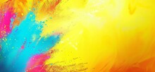 Colorful Background With Splashes Of Holi, Light Sky-blue And Yellow, Action Painter, Light Yellow, Realistic Usage Of Light And Color, Vibrant Airy Scenes, Brushstroke Fields, Neon Fluorescent Light.