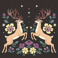 Wall Mural - Symmetrical composition of two deer and flowers on a dark background. Vector graphics