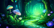 a lush forest with a path surrounded by small flowers