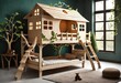 a bunk bed that looks like a treehouse. A wooden ladder provides access to the top bunk. There’s a teddy bear sitting on the mattress