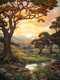 Fototapeta Zwierzęta - Vintage-Inspired Art Nouveau Country Landscape Painting - Rolling Hills Art Print