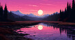 the river in front of mountains with a purple sunset