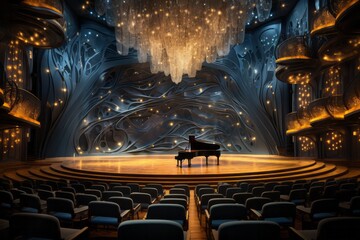 Wall Mural - Elevate your visual storytelling with the regal ambiance of a concert hall background, highlighting the majestic architecture, Generative AI