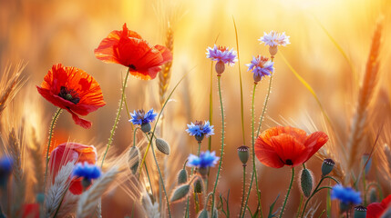 Wall Mural - Summer meadow with blooming red poppies and blue cornflowers.