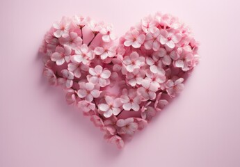 Poster - Heart made of pink flowers on a pink background. Generative AI.