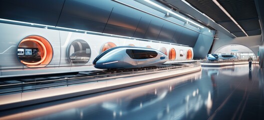 Wall Mural - A futuristic train is in a futuristic station. Generative AI.