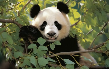 Sticker - A panda bear is sitting in a tree. Generative AI.