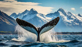 Closeup of a humpback whale tail splashing in sea water, in the background a winter landscape with snow-capped mountain peaks. Generative Ai.