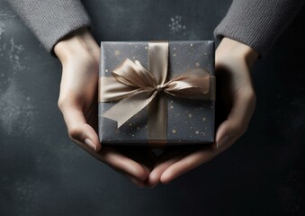 Canvas Print - Hands holding a gift box with a bow on a dark background. Generative AI.