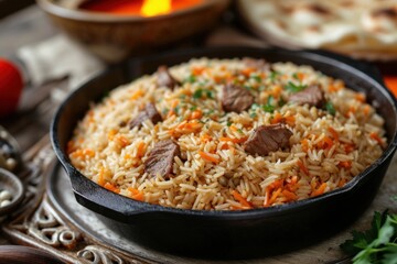 Wall Mural - A bowl of Hyderabadi biryani with spiced rice, meat, and carrots on the table