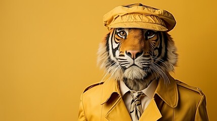 Wall Mural - Friendly tiger in business suit posing in corporate studio shot on plain wall background