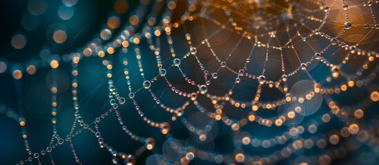 Wall Mural - Captivating close up of glistening spider web with delicate water droplets in nature