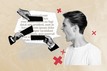 Sticker - Side profile photo collage of young guy screaming speech bubble cloud info that makes him aggressive isolated on beige color background